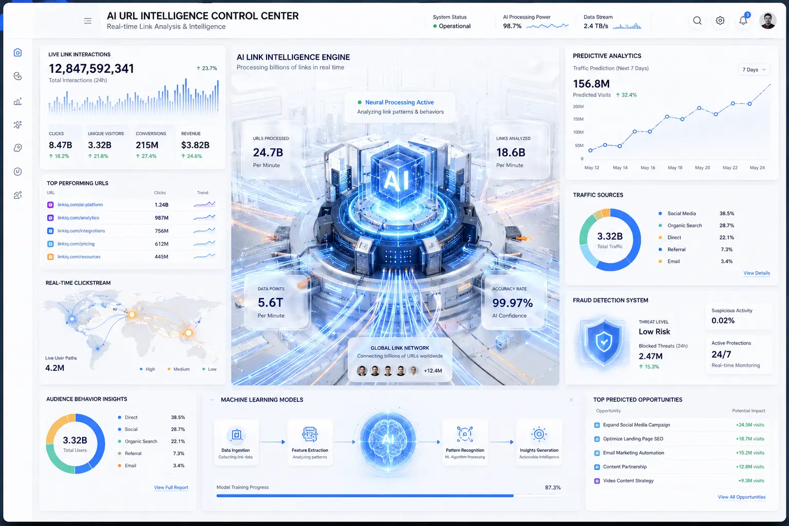 AI URL tracking and link intelligence dashboard showing real-time analytics
