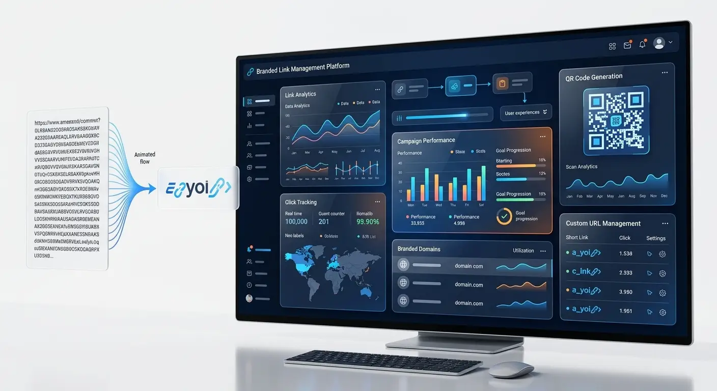 Custom branded links dashboard showing click analytics and brand domain settings